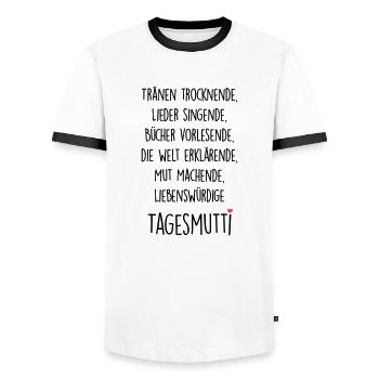 Tagesmutti - Männer Kontrast-T-Shirt - Weiß/Schwarz - Vorne - AI Model Female 172 light (172cm) & AI Model Male 178 dark (178cm)