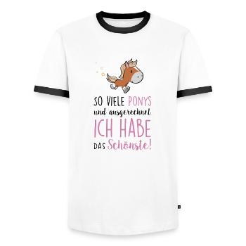 So viele Ponys und ich habe das Schönste - Männer Kontrast-T-Shirt - Weiß/Schwarz - Vorne - AI Model Female 172 light (172cm) & AI Model Male 178 dark (178cm)