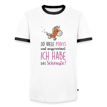 So viele Ponys und ich habe das Schönste - Männer Kontrast-T-Shirt - Weiß/Schwarz - Vorne - AI Model Female 172 light (172cm) & AI Model Male 178 dark (178cm)