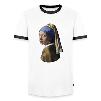 Jan Vermeer Girl with Pearl Earring * Sweater - Men's Ringer Shirt - white/black - Front - AI Model Female 172 light (172cm) & AI Model Male 178 dark (178cm)