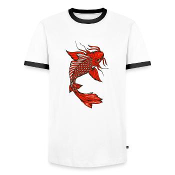 Japanese koi carp fish drawing 1403 A - Men's Ringer Shirt - white/black - Front - AI Model Female 172 light (172cm) & AI Model Male 178 dark (178cm)