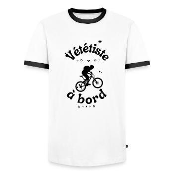 Mountainbiker an Bord - Männer Kontrast-T-Shirt - Weiß/Schwarz - Vorne - AI Model Female 172 light (172cm) & AI Model Male 178 dark (178cm)