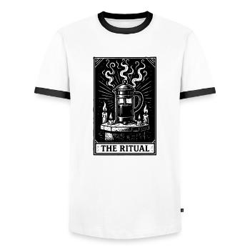 Coffee Summoning Tarot – The Ritual (Dark Version) - Men's Ringer Shirt - white/black - Front - AI Model Female 172 light (172cm) & AI Model Male 178 dark (178cm)