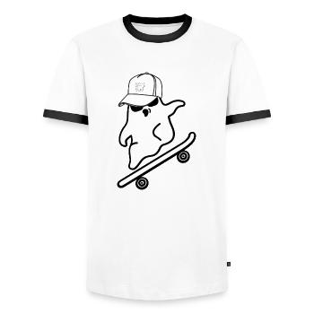 Cooler Geist mit Cappy auf Skateboard - Männer Kontrast-T-Shirt - Weiß/Schwarz - Vorne - AI Model Female 172 light (172cm) & AI Model Male 178 dark (178cm)
