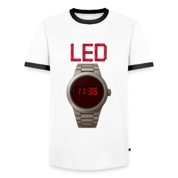 Stainless Steel LED Clock with Red Display - Men's Ringer Shirt - white/black - Front - AI Model Female 172 light (172cm) & AI Model Male 178 dark (178cm)