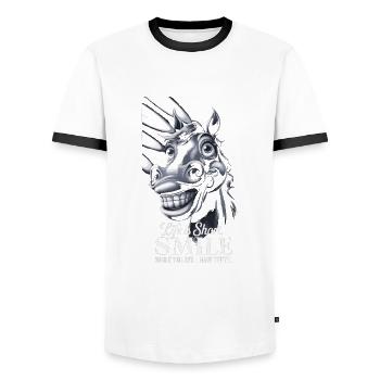 Life is short, smile while you still have teeth - Men's Ringer Shirt - white/black - Front - AI Model Female 172 light (172cm) & AI Model Male 178 dark (178cm)