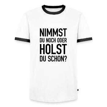 Trier Spruch Lustig moselfränkisch nehmen holen - Männer Kontrast-T-Shirt - Weiß/Schwarz - Vorne - AI Model Female 172 light (172cm) & AI Model Male 178 dark (178cm)