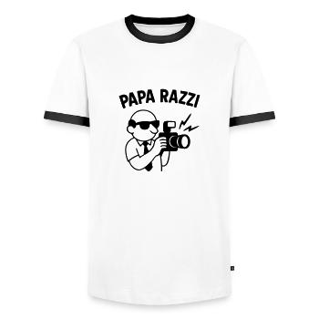 PAPA RAZZI – Toujours prêt à capturer l’instant… - T-shirt contrasté Homme - blanc/noir - Devant - AI Model Female 172 light (172cm) & AI Model Male 178 dark (178cm)