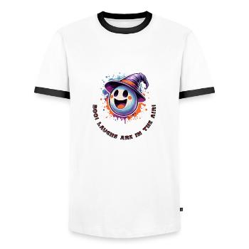 Hou! Les rires sont dans l’air ! Doux fantôme de sorcière - T-shirt contrasté Homme - blanc/noir - Devant - AI Model Female 172 light (172cm) & AI Model Male 178 dark (178cm)
