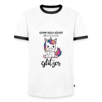Einhorn Stinkefinger (bunt/schwarz) - Männer Kontrast-T-Shirt - Weiß/Schwarz - Vorne - AI Model Female 172 light (172cm) & AI Model Male 178 dark (178cm)