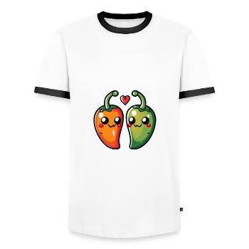 Couple de piment amour coeur Saint-Valentin - T-shirt contrasté Homme - blanc/noir - Devant - AI Model Female 172 light (172cm) & AI Model Male 178 dark (178cm)