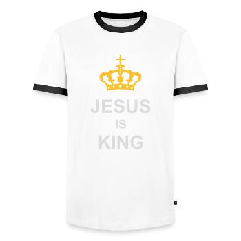 Citation de Jésus est roi - T-shirt contrasté Homme - blanc/noir - Devant - AI Model Female 172 light (172cm) & AI Model Male 178 dark (178cm)