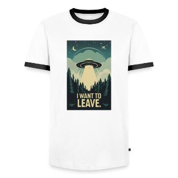 I WANT TO LEAVE - Men's Ringer Shirt - white/black - Front - AI Model Female 172 light (172cm) & AI Model Male 178 dark (178cm)