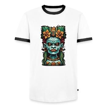 Tiki / Hawaii / Tropical / Island / Culture / Logo - Men's Ringer Shirt - white/black - Front - AI Model Female 172 light (172cm) & AI Model Male 178 dark (178cm)