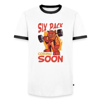 Six Pack Coming Soon 90 - Men's Ringer Shirt - white/black - Front - AI Model Female 172 light (172cm) & AI Model Male 178 dark (178cm)