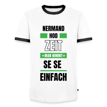 Koi Zeit, de nimmt ma se - bayerischer Spruch - Männer Kontrast-T-Shirt - Weiß/Schwarz - Vorne - AI Model Female 172 light (172cm) & AI Model Male 178 dark (178cm)