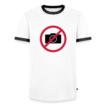 Fotografieren verboten // Anti Foto machen //Gegen - Männer Kontrast-T-Shirt - Weiß/Schwarz - Vorne - AI Model Female 172 light (172cm) & AI Model Male 178 dark (178cm)