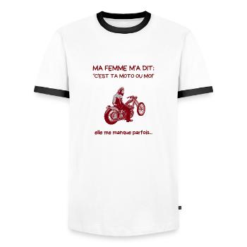 ma femme m'a dit "ta moto ou moi" - T-shirt contrasté Homme - blanc/noir - Devant - AI Model Female 172 light (172cm) & AI Model Male 178 dark (178cm)