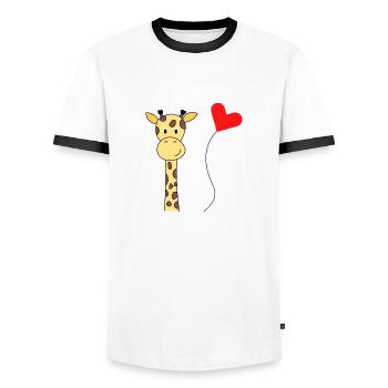 Giraffe mit Herzluftballon – Tierisch süßes Motiv - Männer Kontrast-T-Shirt - Weiß/Schwarz - Vorne - AI Model Female 172 light (172cm) & AI Model Male 178 dark (178cm)