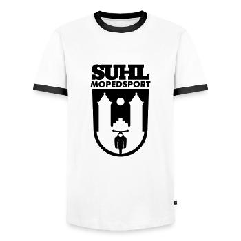 Suhl Mopedsport mit Simson Star Sperber Habicht v1 - Männer Kontrast-T-Shirt - Weiß/Schwarz - Vorne - AI Model Female 172 light (172cm) & AI Model Male 178 dark (178cm)
