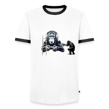 GRAFFITI BANKSY STYLE - CHIMP PLAYING COMPUTER GAM - Men's Ringer Shirt - white/black - Front - AI Model Female 172 light (172cm) & AI Model Male 178 dark (178cm)