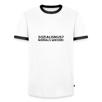 Sozialismus? Niemals wieder! - Männer Kontrast-T-Shirt - Weiß/Schwarz - Vorne - AI Model Female 172 light (172cm) & AI Model Male 178 dark (178cm)