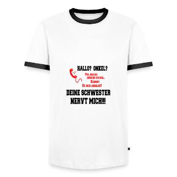 Hallo Onkel - Deine Schwester nervt mich! schwarz - Männer Kontrast-T-Shirt - Weiß/Schwarz - Vorne - AI Model Female 172 light (172cm) & AI Model Male 178 dark (178cm)