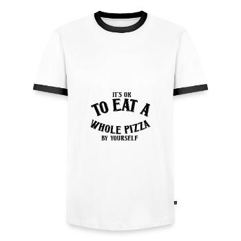 Its ok to eat a whole Pizza by yourself - Men's Ringer Shirt - white/black - Front - AI Model Female 172 light (172cm) & AI Model Male 178 dark (178cm)