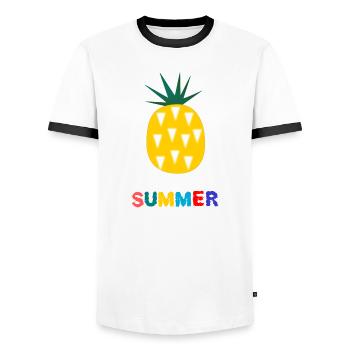 HOLIDAY. HAPPY HOLIDAYS. MISTRESS. MASTER. TEACHER - Men's Ringer Shirt - white/black - Front - AI Model Female 172 light (172cm) & AI Model Male 178 dark (178cm)