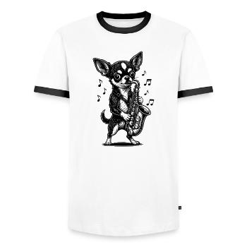 Musical Chihuahua Saxophone Art - T-shirt contrasté Homme - blanc/noir - Devant - AI Model Female 172 light (172cm) & AI Model Male 178 dark (178cm)