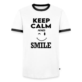 Keep Calm Smile Lachen Lustig - Männer Kontrast-T-Shirt - Weiß/Schwarz - Vorne - AI Model Female 172 light (172cm) & AI Model Male 178 dark (178cm)