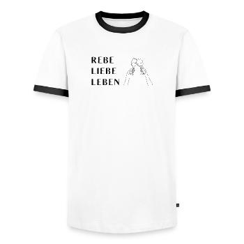REBE LIEBE LEBEN - Männer Kontrast-T-Shirt - Weiß/Schwarz - Vorne - AI Model Female 172 light (172cm) & AI Model Male 178 dark (178cm)