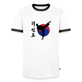 taekwondo - Men's Ringer Shirt - white/black - Front - AI Model Female 172 light (172cm) & AI Model Male 178 dark (178cm)