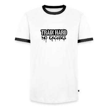 Train Hard No Excuses Logo - Männer Kontrast-T-Shirt - Weiß/Schwarz - Vorne - AI Model Female 172 light (172cm) & AI Model Male 178 dark (178cm)