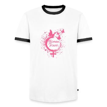 Woman Power,Freedom,Butterflies,Women,Pink - Men's Ringer Shirt - white/black - Front - AI Model Female 172 light (172cm) & AI Model Male 178 dark (178cm)