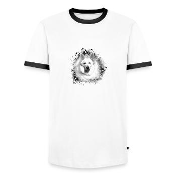 white shepherd dog, husky, shepherd dog, painting - Men's Ringer Shirt - white/black - Front - AI Model Female 172 light (172cm) & AI Model Male 178 dark (178cm)