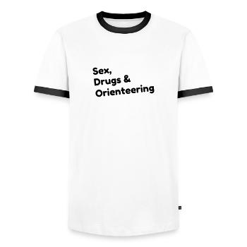 Orienteering / Orienteer / Orientierungslauf - Männer Kontrast-T-Shirt - Weiß/Schwarz - Vorne - AI Model Female 172 light (172cm) & AI Model Male 178 dark (178cm)
