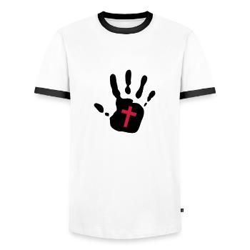 Handprint Christian Cross Cutout 2c - Men's Ringer Shirt - white/black - Front - AI Model Female 172 light (172cm) & AI Model Male 178 dark (178cm)