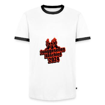 Bachelor Party 2024 - Men's Ringer Shirt - white/black - Front - AI Model Female 172 light (172cm) & AI Model Male 178 dark (178cm)