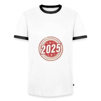 2025 jahr - Männer Kontrast-T-Shirt - Weiß/Schwarz - Vorne - AI Model Female 172 light (172cm) & AI Model Male 178 dark (178cm)