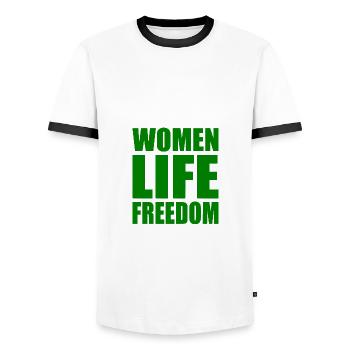 Women life freedom - T-shirt contrasté Homme - blanc/noir - Devant - AI Model Female 172 light (172cm) & AI Model Male 178 dark (178cm)