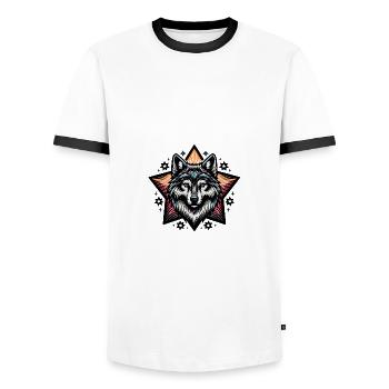 farbenfrohes Wolfsportrait - Männer Kontrast-T-Shirt - Weiß/Schwarz - Vorne - AI Model Female 172 light (172cm) & AI Model Male 178 dark (178cm)