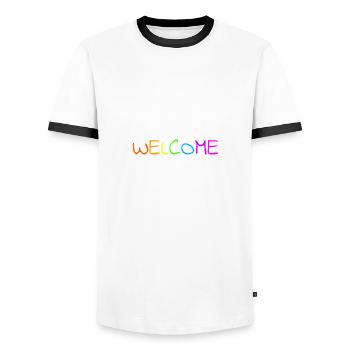 Welcome - Men's Ringer Shirt - white/black - Front - AI Model Female 172 light (172cm) & AI Model Male 178 dark (178cm)