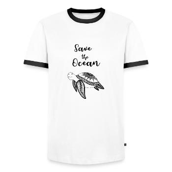 Slogan Save the Ocean avec la tortue - T-shirt contrasté Homme - blanc/noir - Devant - AI Model Female 172 light (172cm) & AI Model Male 178 dark (178cm)