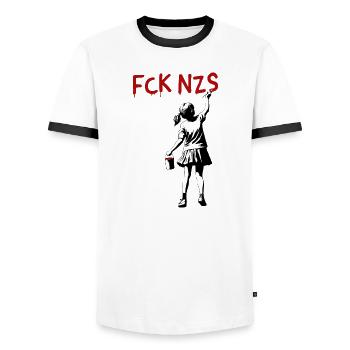 FCK NZS Filles contre le racisme Style d’art de rue - T-shirt contrasté Homme - blanc/noir - Devant - AI Model Female 172 light (172cm) & AI Model Male 178 dark (178cm)