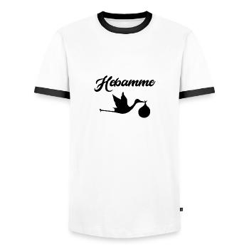 Sage-femme cigogne enfant bébé naissance - T-shirt contrasté Homme - blanc/noir - Devant - AI Model Female 172 light (172cm) & AI Model Male 178 dark (178cm)