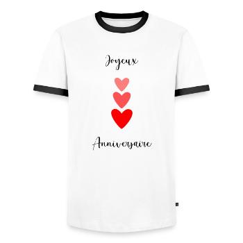 Birthday. HAPPY BIRTHDAY. Happy birthday. - Men's Ringer Shirt - white/black - Front - AI Model Female 172 light (172cm) & AI Model Male 178 dark (178cm)