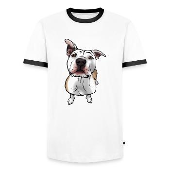 American Staffordshire Terrier dans le style comique - T-shirt contrasté Homme - blanc/noir - Devant - AI Model Female 172 light (172cm) & AI Model Male 178 dark (178cm)