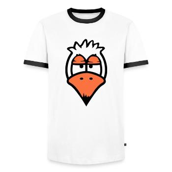 Bird looks funny, annoyed, tired, angry, frustrated - Men's Ringer Shirt - white/black - Front - AI Model Female 172 light (172cm) & AI Model Male 178 dark (178cm)