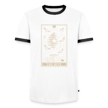 Carte de tarot abeille – Le symbole de la ruche - T-shirt contrasté Homme - blanc/noir - Devant - AI Model Female 172 light (172cm) & AI Model Male 178 dark (178cm)